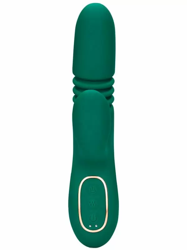 Вибратор-кролик Shots Toys Thrusting and Warming Rabbit Vibrator , 15 режимов, с функцией «поступательное движение», зелёный