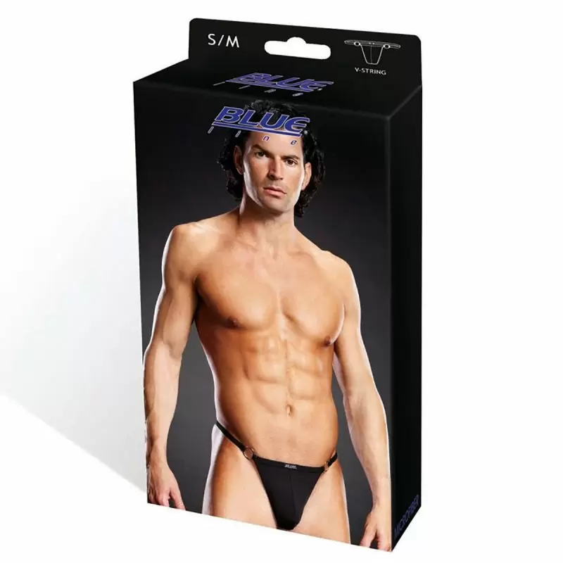 Черные мужские V-стринги c металлическими кольцами BlueLine - S/M