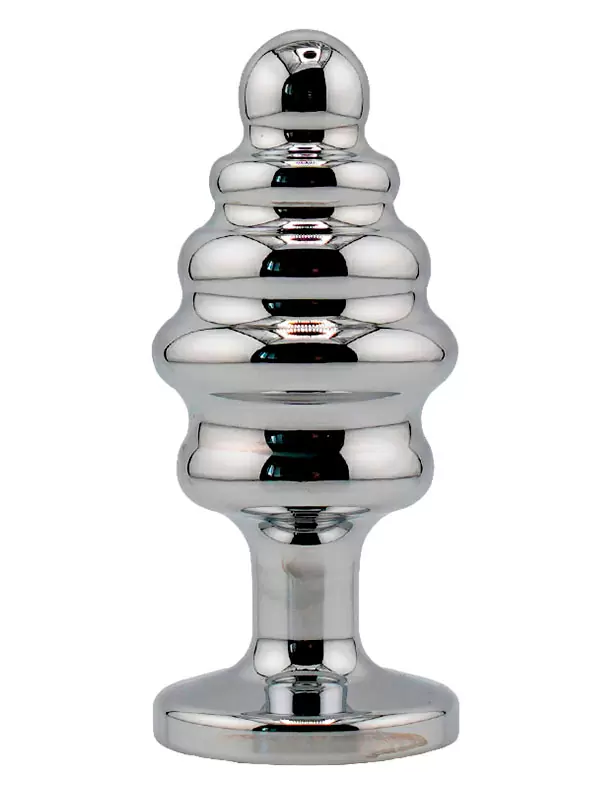 Серебряная ребристая анальная пробка темно-зеленым кристаллом (Medium)