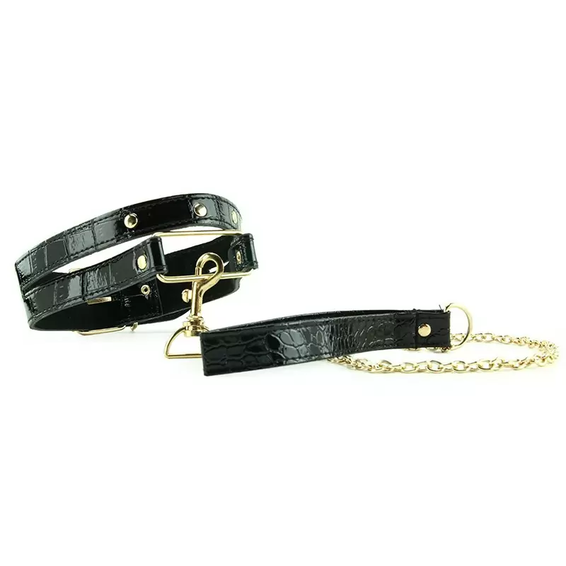 Ошейник с поводком Fetish Fantasy Gold черный с золотом