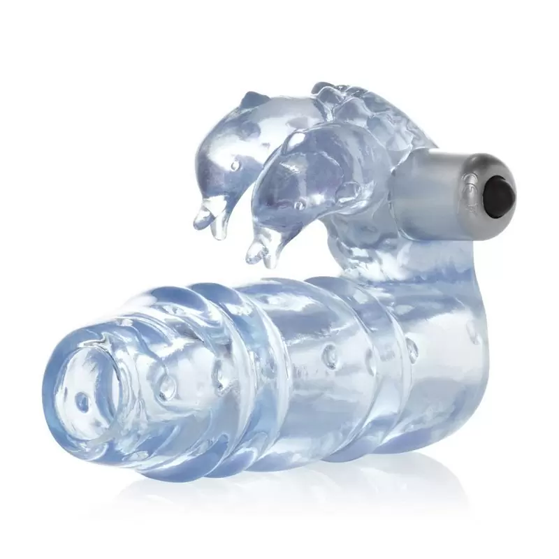 Насадка на пенис со стимулятором клитора 3-Way Double Dolphin – голубой