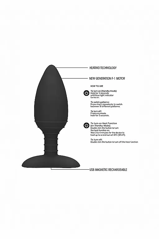 Анальная пробка с вибрацией и функцией нагрева Glow (черная)