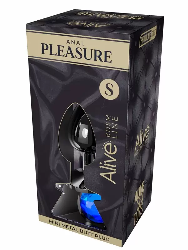 Металлическая анальная пробка Alive Mini Metal Butt, голубой кристалл, 7 см, диаметр 2,8 см, серебристый