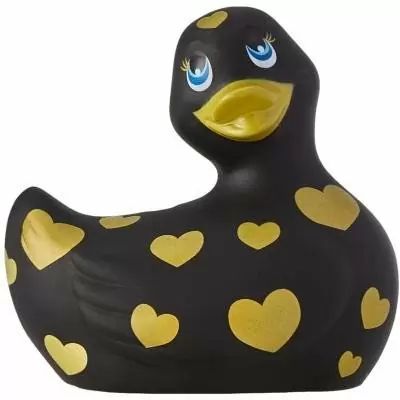 Черный вибратор-уточка Big Teaze Toys I Rub My Duckie 2.0 с жёлтыми сердечками, 7,5 см