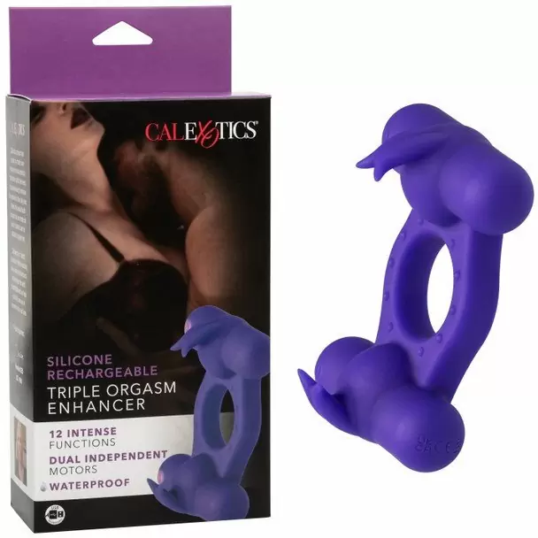 Перезаряжаемое эрекционное виброкольцо Silicone Rechargeable Triple Orgasm Enhancer, с двумя моторами, диаметр 3,25 см, фиолетовый