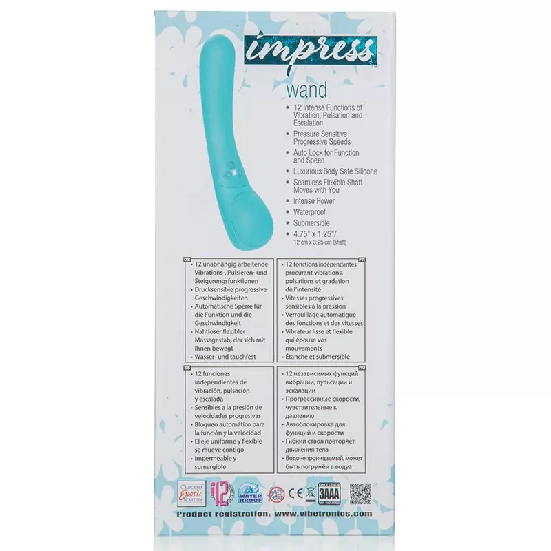 Изогнутый вибратор Impress Wand, 20,3 см, 12 режимов, силикон, голубой