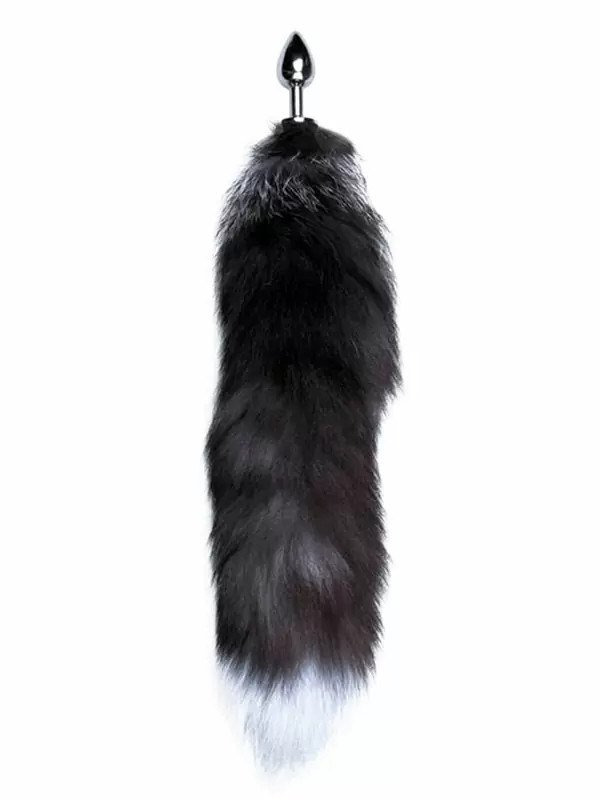 Металлическая анальная пробка Alive Black And White Fox Tail, 7 см, с пушистым хвостом, серебристый