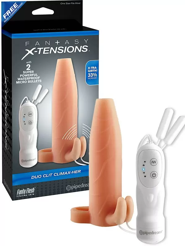 Насадка увеличитель Duo Clit Climax-Her с кольцом на мошонку, стимулятором клитора и вибрацией – телесная