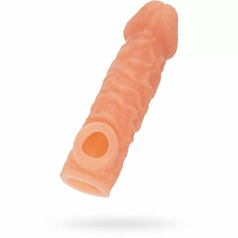 Реалистичная насадка на пенис с имитацией пирсинга и отверстием для мошонки «Cock sleeve» (средняя), Kokos
