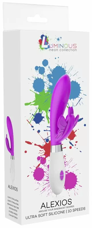 Изогнутый вибратор-кролик Alexios, 21 см, силикон, розовый с белым