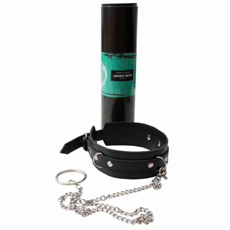 Ошейник из натуральной кожи James Neck с металлическим поводком - черный