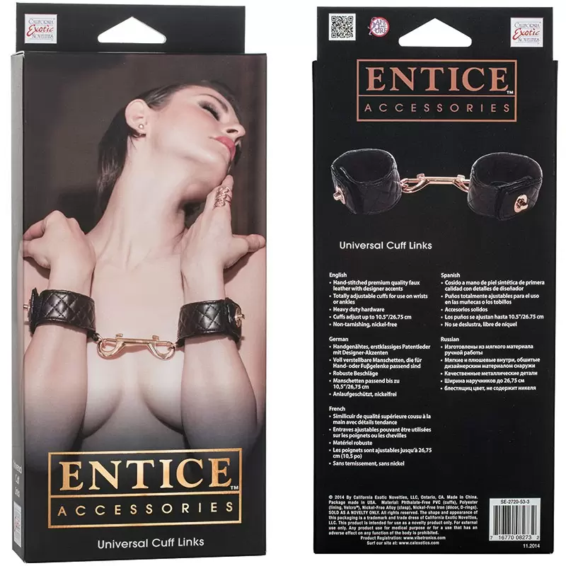 Элегантнаые наручники Entice Universal Cuff Links, с золотистой металлической застежкой, 26,7 см, черные
