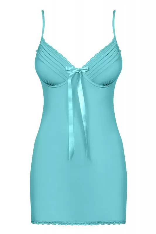 Ярко-голубая обтягивающая сорочка с атласным бантиком и трусики-стринг Blackardi (Obsessive) – S/M