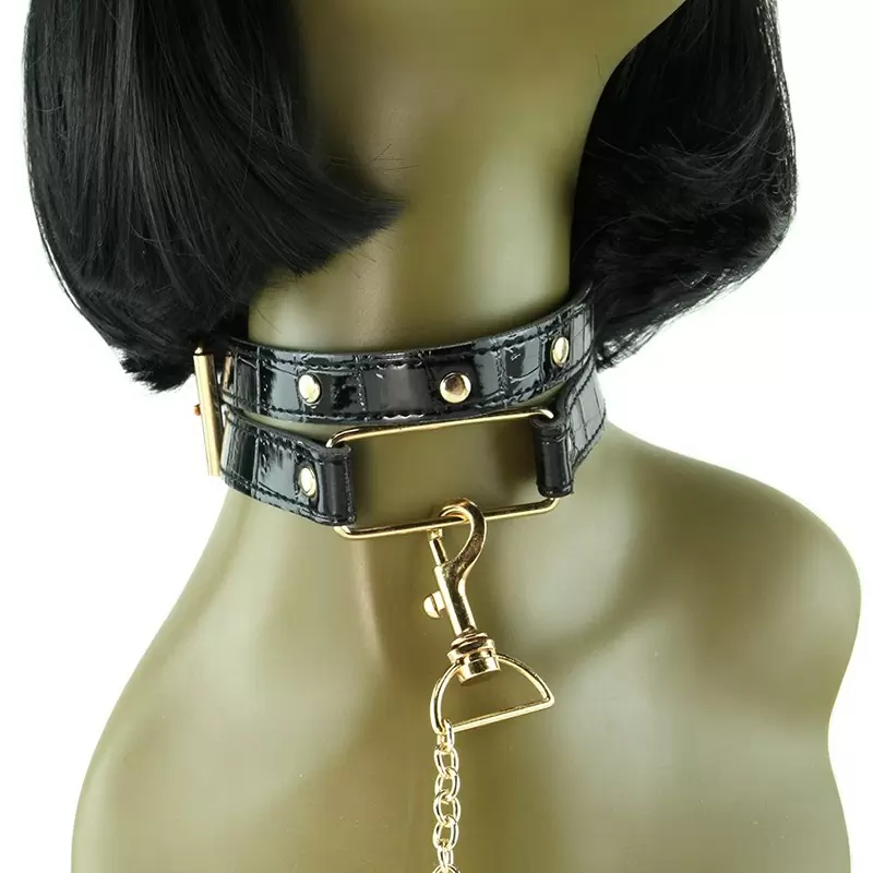 Ошейник с поводком Fetish Fantasy Gold черный с золотом