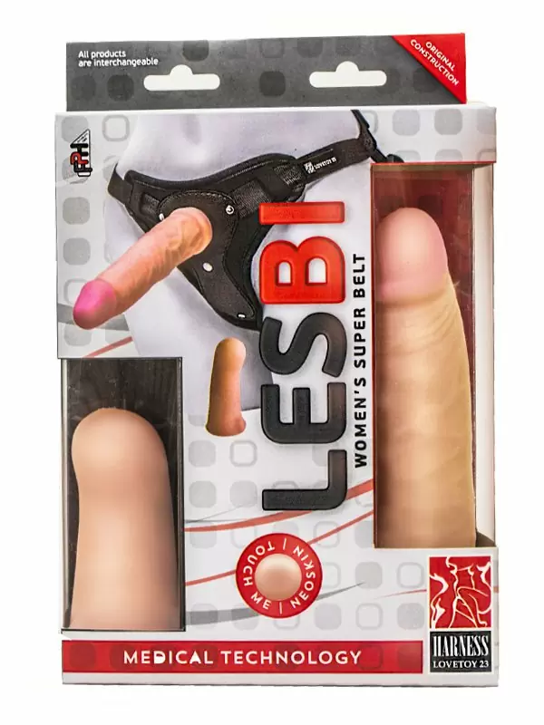 Пояс Harness Lesbi с двумя фаллоимитаторами NeoSkin 16,5 x 3,5 см и 10 x 3,5 см – телесный