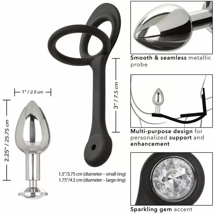 Металлическая анальная пробка с эрекционным кольцом STARFUCKER MINI PLUG, с подхватом мошонки, 5,7 см, диаметр 2,5 см