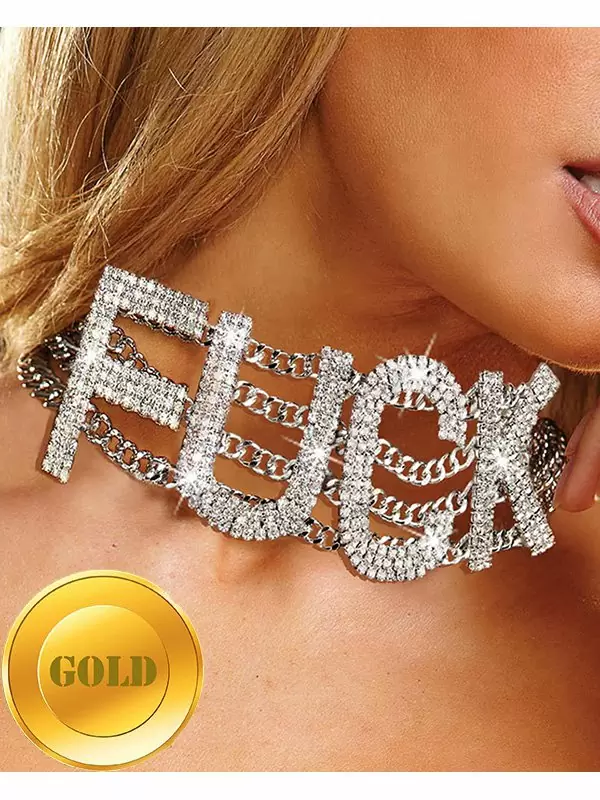 Широкий ошейник Ann Devine - Fuck Rhinestone Choker с кристаллами – золотой
