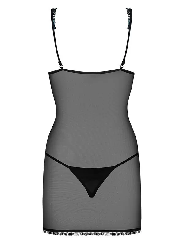 Черная полупрозрачная сорочка с голубым кружевом по бокам и стринги Amanta (Obsessive) – S/M