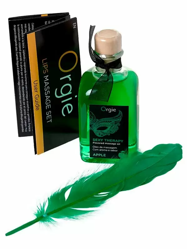 Комплект для сладких игр Orgie Lips массажное масло для поцелуев, перо, яблоко, 100 мл