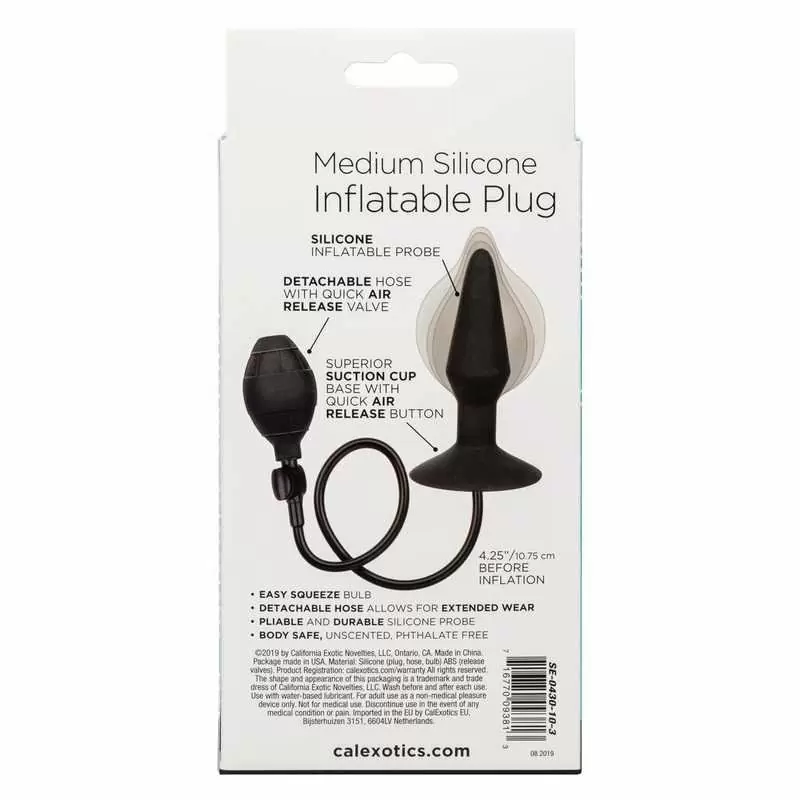 Расширяющаяся анальная пробка Silicone Inflatable Plug (Medium), 10,75 см, силикон, черный