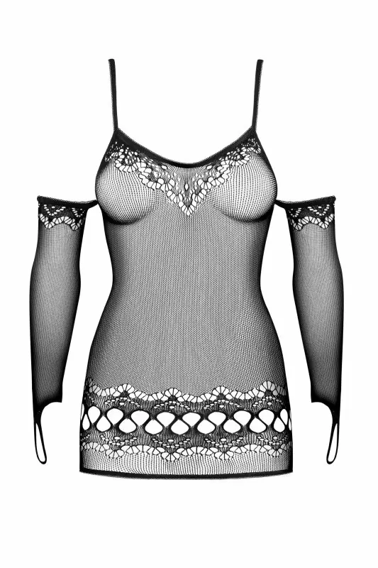 Пикантное черное мини платье из сеточки с рукавами (Obsessive) – S/L
