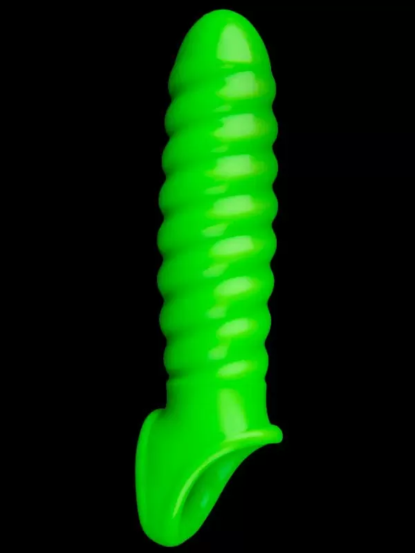 Ребристая насадка-удлинитель Shots toys Ouch!, фиксация на мошонке, люминисцентная, 15,5 см