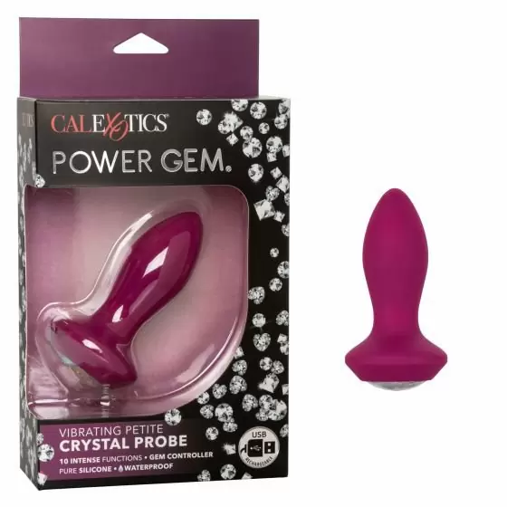 Анальная вибропробка Power Gem Vibrating Petite Crystal Probe, с белым кристаллом, 9,5 см, фиолетовая