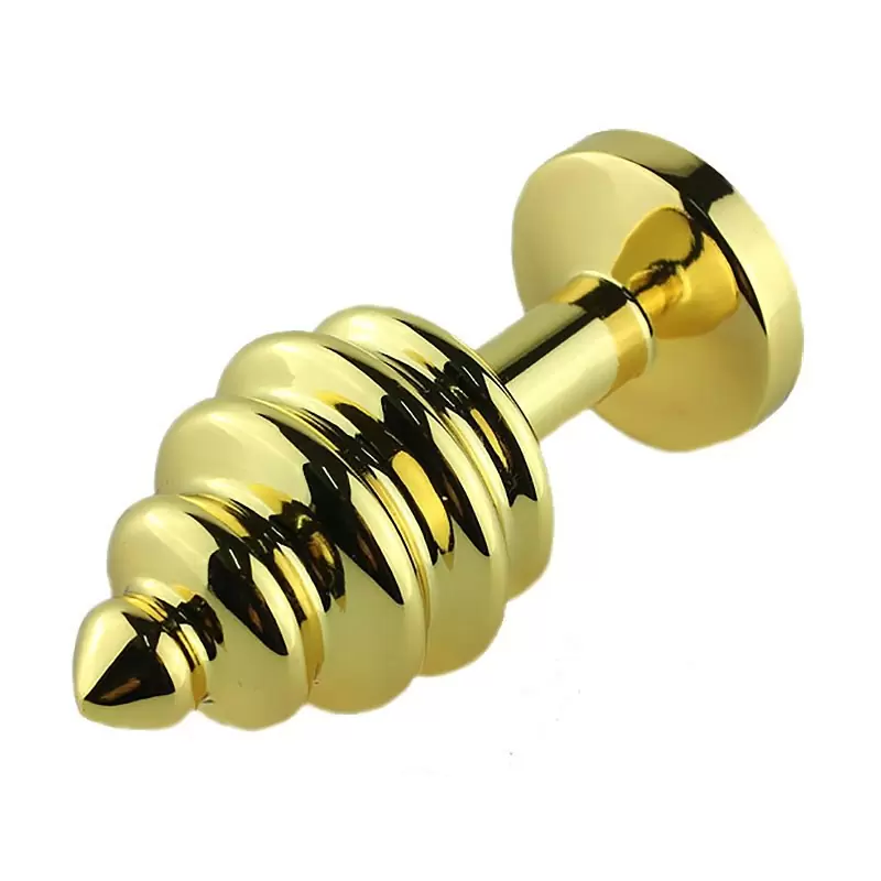 Маленькая анальная пробка Plug Gold ребристая с кристаллом – золотистый/красный