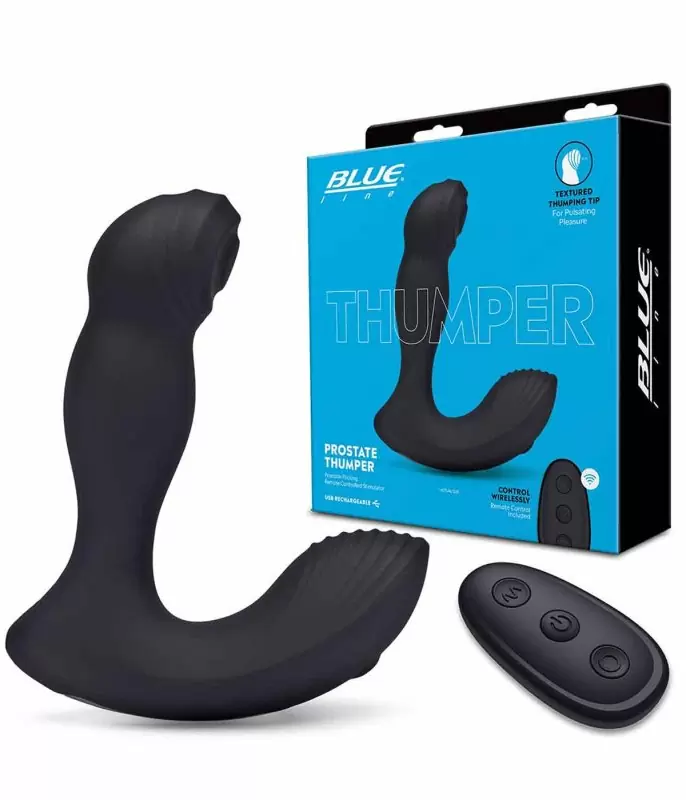 Мощный стимулятор простаты BlueLine Thumper - Prostate Flicking, с пультом Д/У, 13,5 см, 4 режима, силикон