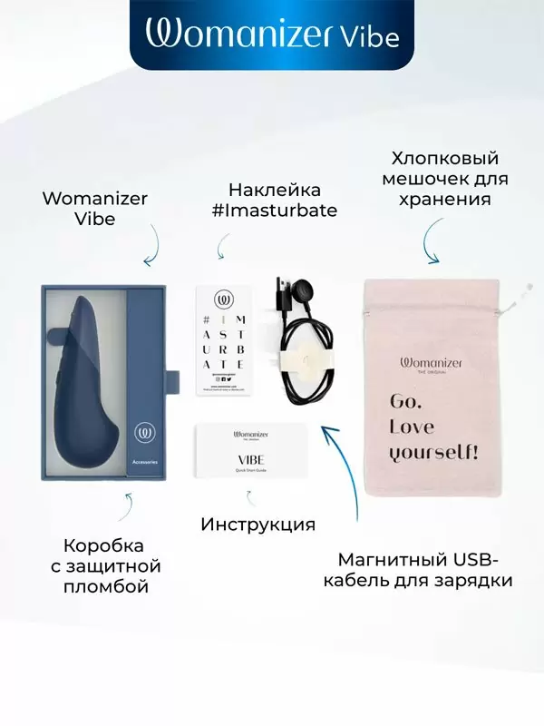 Стимулятор клитора Womanizer Vibe, 10 скоростей, технология UltraWave Vibration, темно-синий