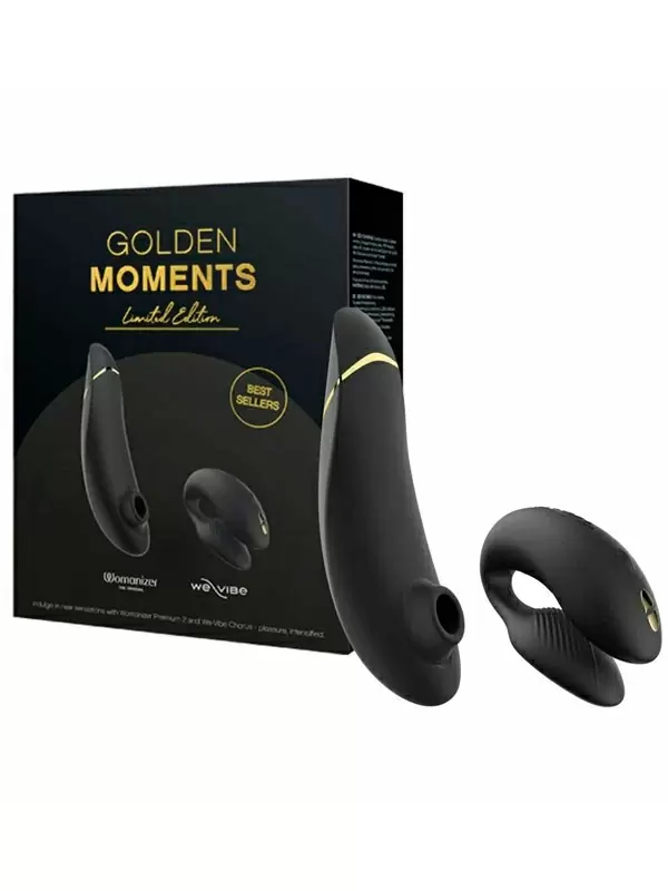 Новогодний набор для пар Golden Moments: Стимулятор клитора Womanizer Premium 2, технология Pleasure Air + Вибратор для пар We-Vibe Chorus, 10 режимов