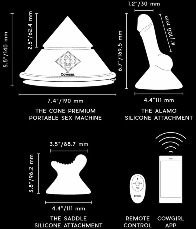 Портативная секс-машина THE COWGIRL CONE, 2 насадки, с пультом Д/У, силикон