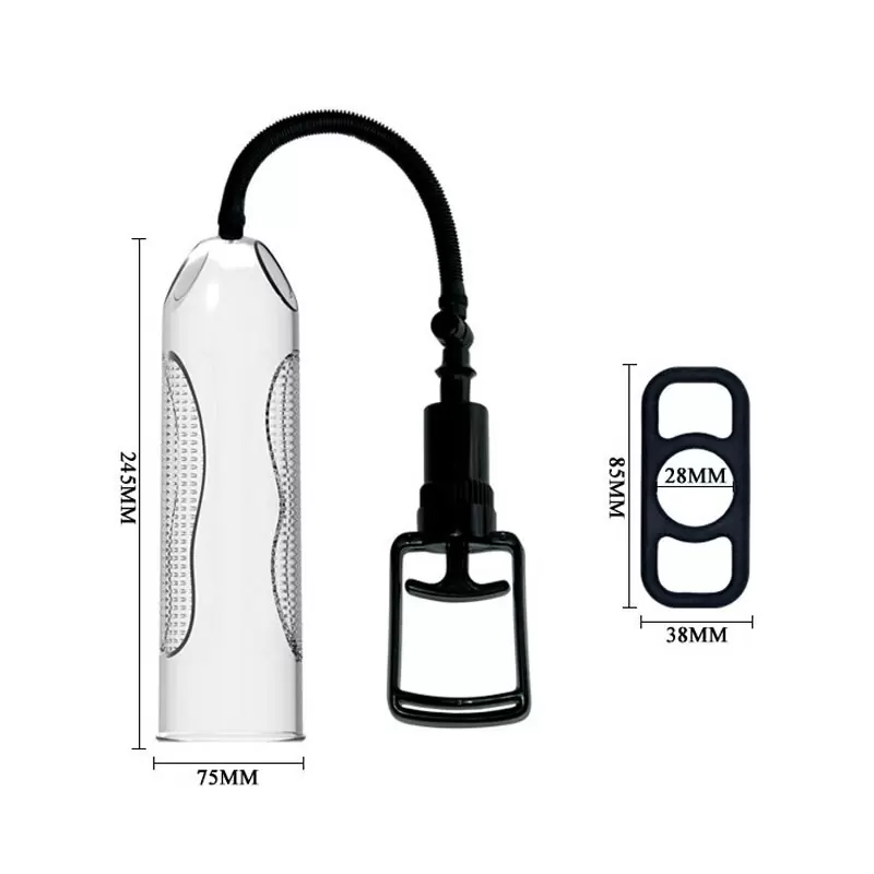 Вакуумная помпа Penis Enlargement System с насадкой-вагиной, эрекционным кольцом и вибропулей – прозрачный с черным