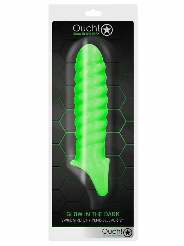 Ребристая насадка-удлинитель Shots toys Ouch!, фиксация на мошонке, люминисцентная, 15,5 см