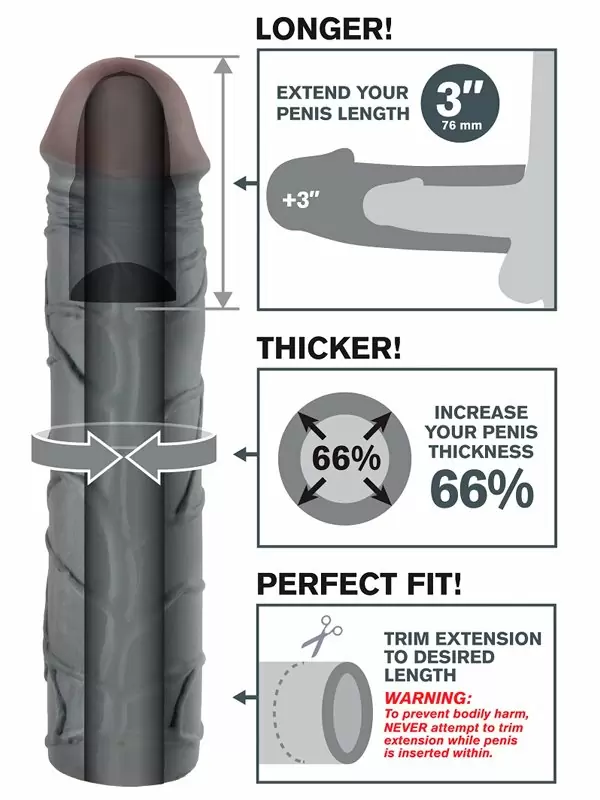 Реалистичная насадка удлинитель Mega 3 X-tensions, 23 см, диаметр 5 см, черный