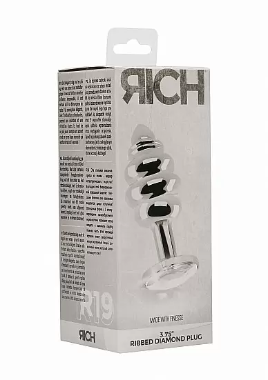 Ребристая серебряная анальная пробка с бриллиантовым кристаллом - 3,9см.