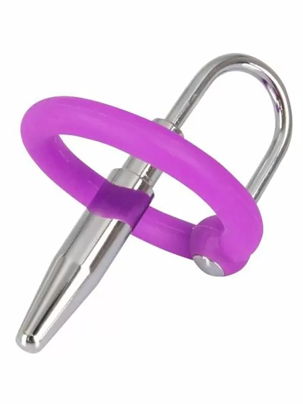 Компактный уретральный стимулятор Orion Penis Plug, с силиконовым кольцом под головку, 4,5 см, металл, серебристый с фиолетовым