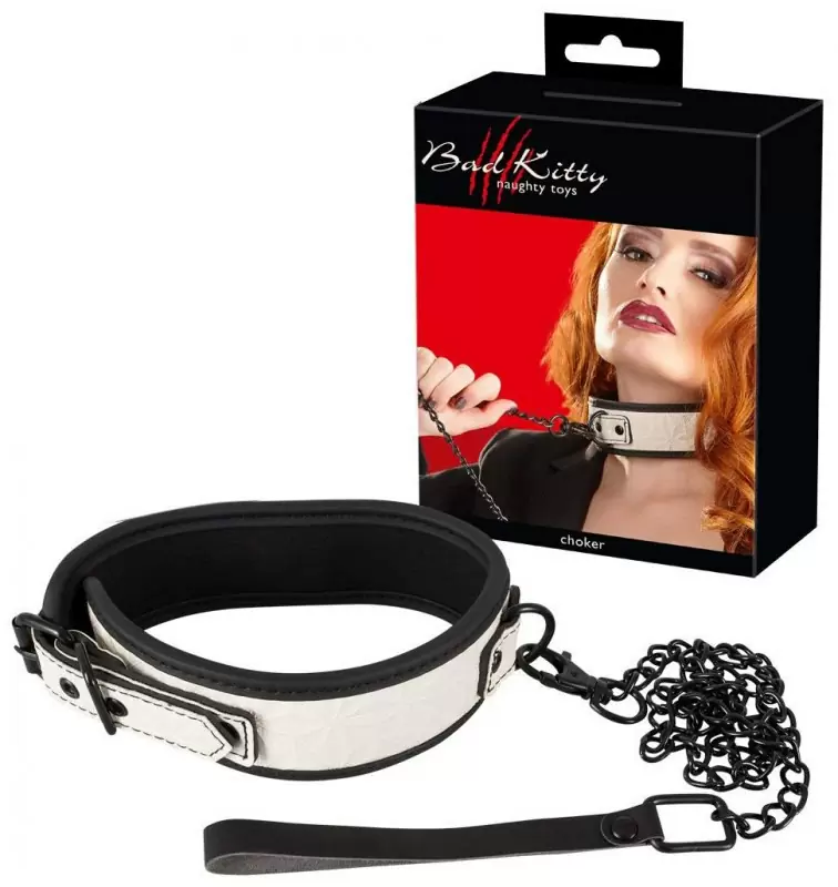 Ошейник с поводком Вad Kitty Сhoker - черный с белым