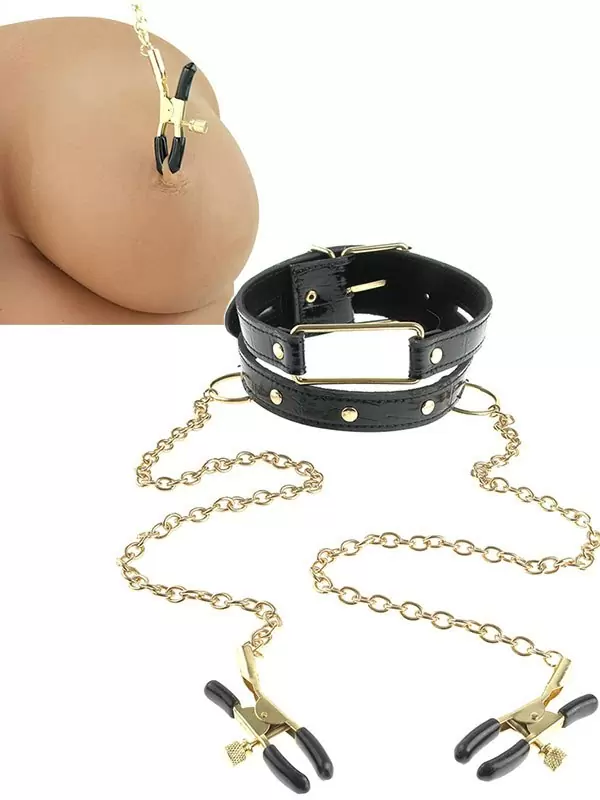 Ошейник Fetish Fantasy Gold с зажимами на соски, черный с золотом