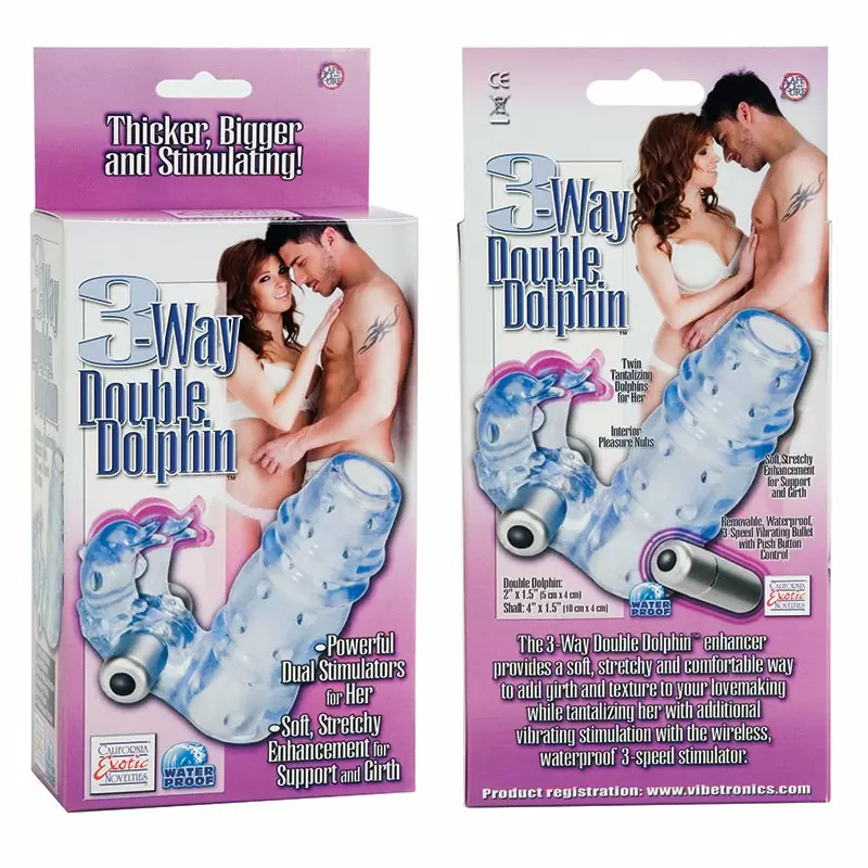 Насадка на пенис со стимулятором клитора 3-Way Double Dolphin – голубой