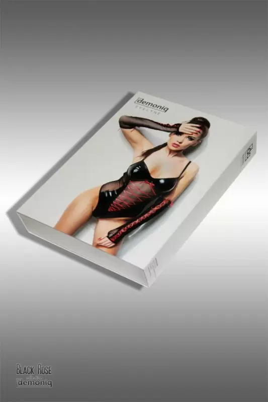 Пикантное черное боди с ярко-красным плетением и длинные перчатки Demoniq Evelyne – L/XL