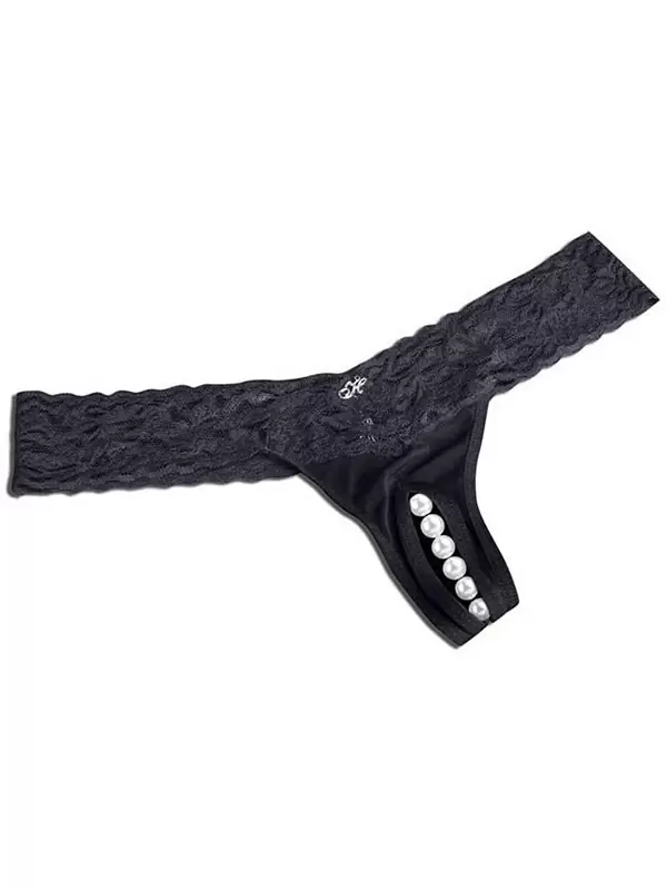 Трусики-тонг с жемчужной нитью – черный, S/M
