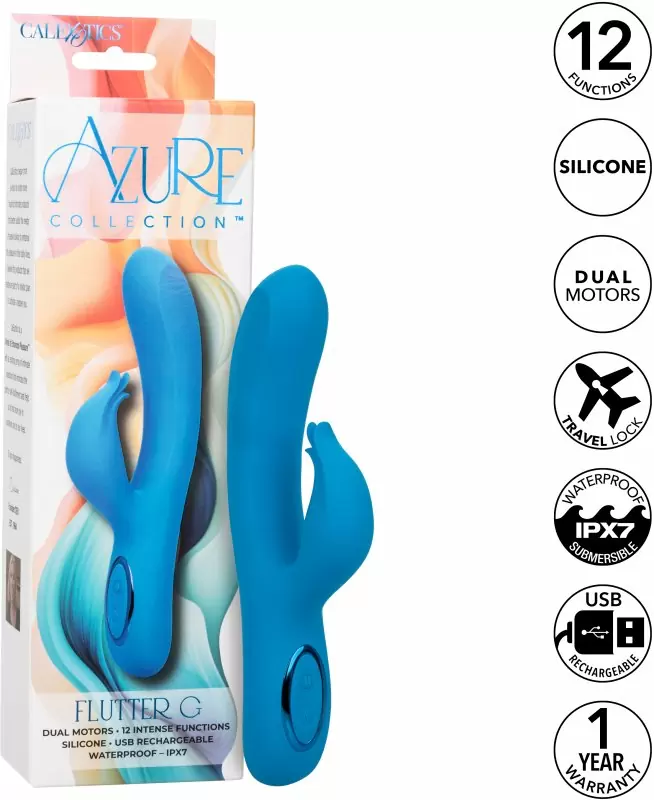 Изогнутый вибратор-кролик AZURE COLLECTION - FLUTTER G, 22,8 см, силикон, голубой