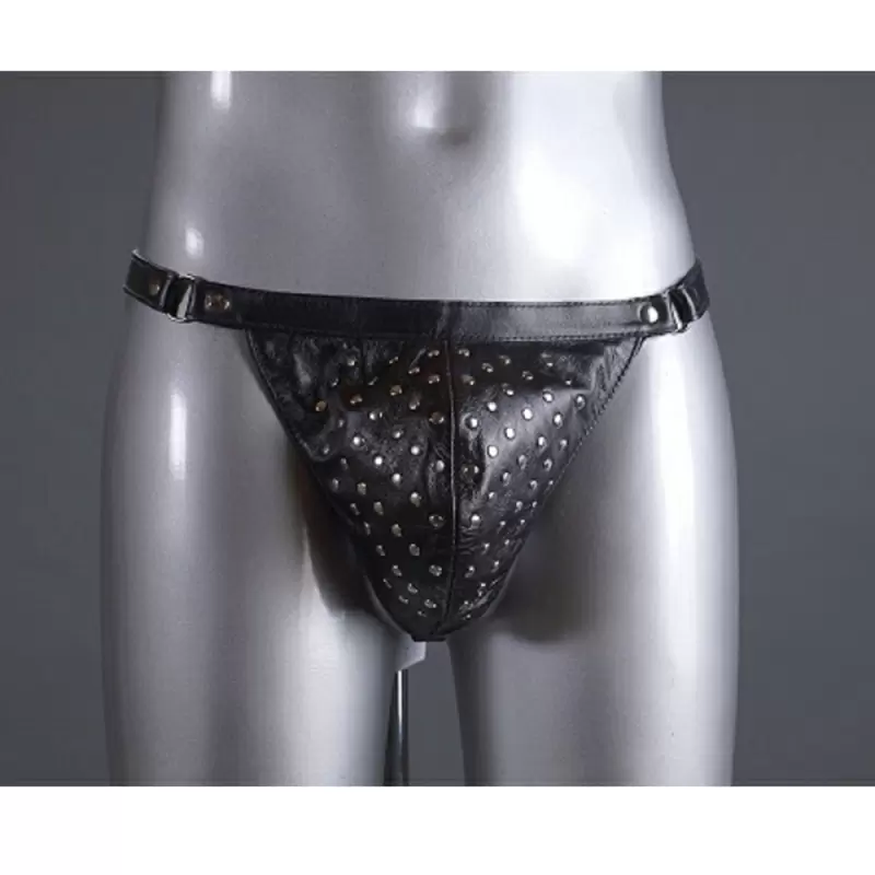 Мужские кожаные трусы Подиум с металлическими заклепками - S/L