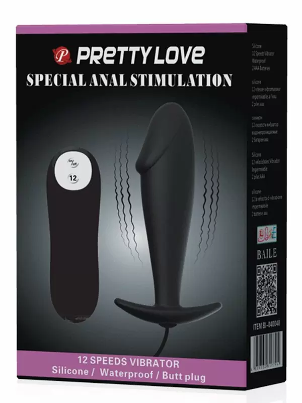 Реалистичная анальная вибропробка Pretty Love, 10 см, 12 режимов, с проводным пультом, черный