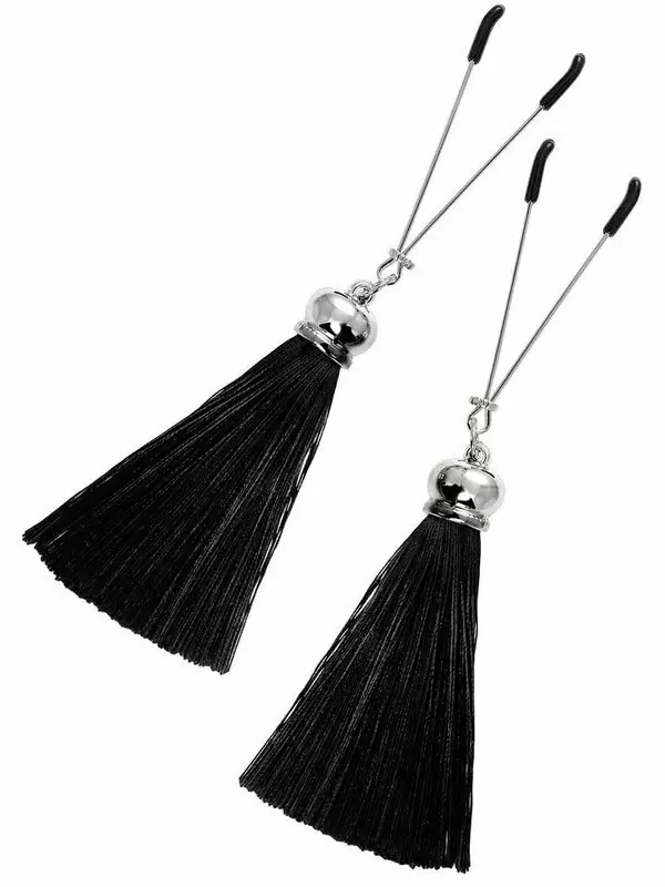 Зажимы на соски Pecado BDSM, «Вилки», с кисточками из шелка, металл, черные