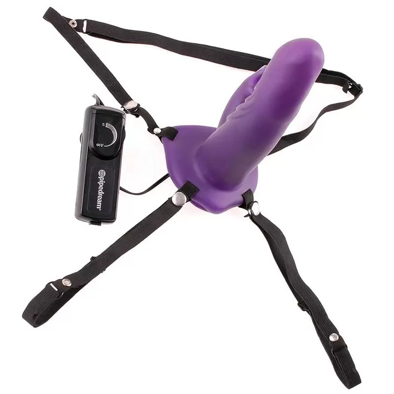 Полый страпон с клиторальным стимулятором Wabbit Hollow Strap-on с вибрацией – фиолетовый