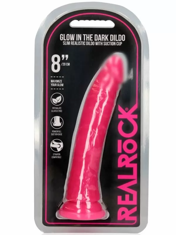 Реалистичный фаллоимитатор Slim Realistic Dildo With Suction Cup, люминисцентный, 22 см, розовый