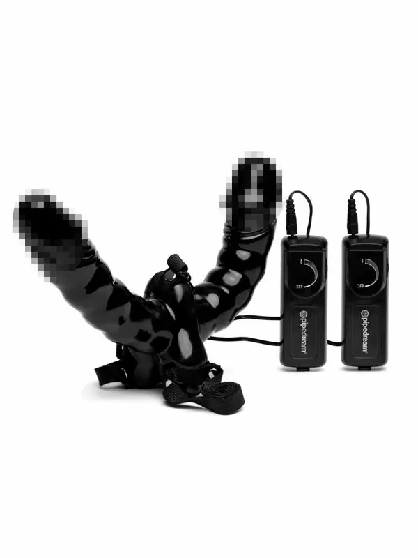 Реалистичный вибрострапон Pipedream Vibrating Double Delight Strap-On, двусторонний, 15 см, с двумя проводными пультами, черный