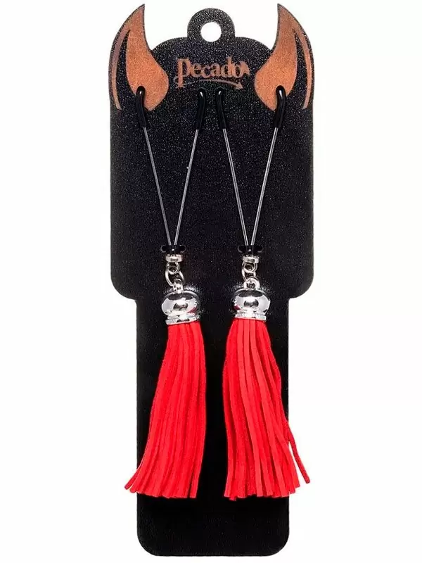 Зажимы на соски Pecado BDSM, «Вилки», с кисточками из замши, металл, красные